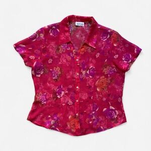 Y2K Apparenza Sheer Button Up Blouse Floral Pink Fuschia Drapey Women L XL XXL